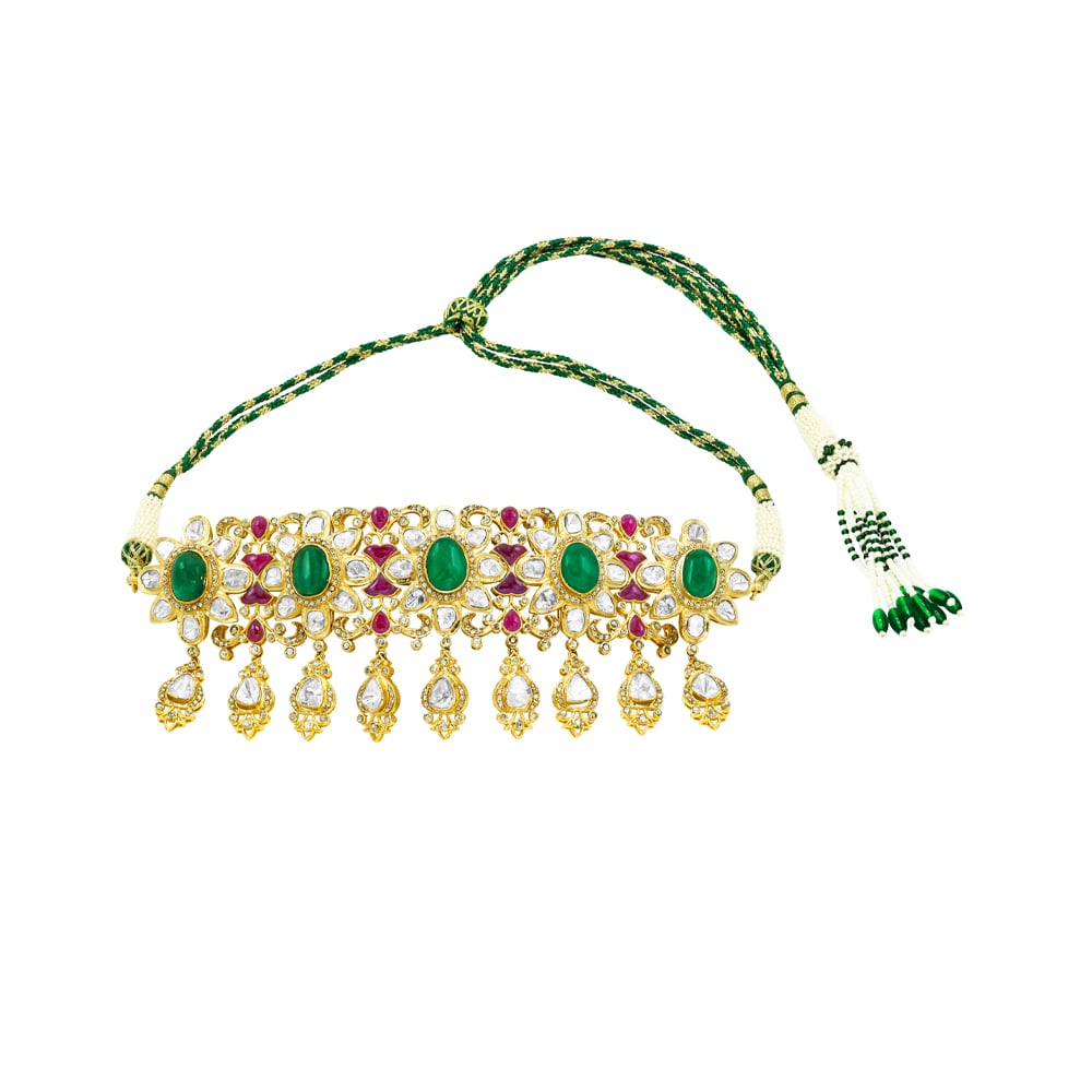 Fusion Choker with Emerald Cabochons, Rubies, and Polki